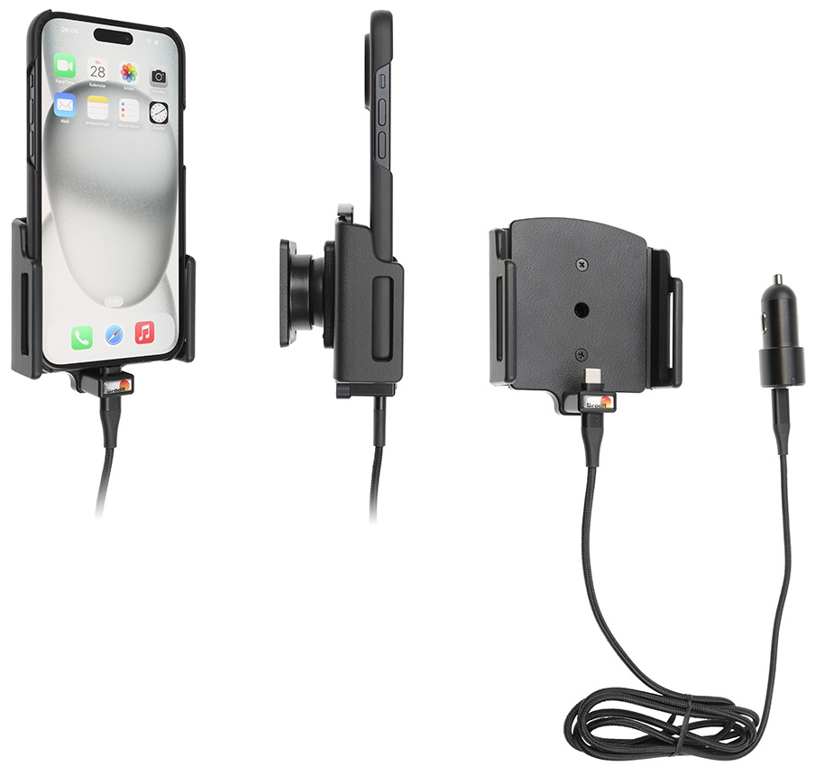 Brodit Aktiv hållare med USB-kabel och cigg-adapter, Apple iPhone 15 Plus/15 Pro Max/16 Plus/16 Pro Max