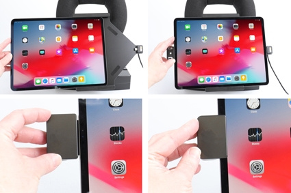 Brodit Hållare med fjäder-lås, Apple iPad Air 13 2024  (A2898, A2899, A2900)/Air 13 2025 M3 (A3268, A3268, A2371)/Pro 12,9 2018 (A1876, A1895, A1983, A2014)/Pro 12.9 2020 (A2069, A2232, A2229)/Pro 13 (A2925, A2926, A3007)