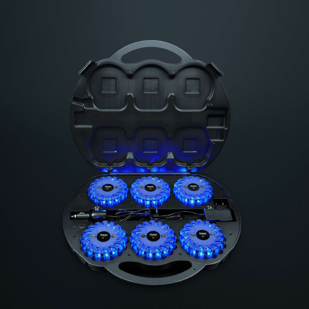 Strands Varning/Riktat Blixtljus Pucken Blå LED, 6-Pack I Väska