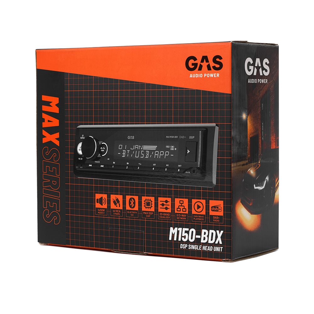 GAS MAX M150-BDX bilstereo med Bluetooth, DAB, 32-bit DSP och 3 par (4V) lågnivå